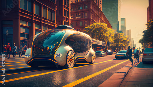 An autonomous car on the city streets generated by AI  photo