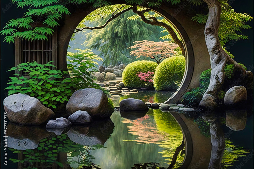 Tuinposter met Beautiful garden in Japanese Chinese style. Lots of plants, water, stones, a bridge. For architects and designers. Generative AI. #577711773