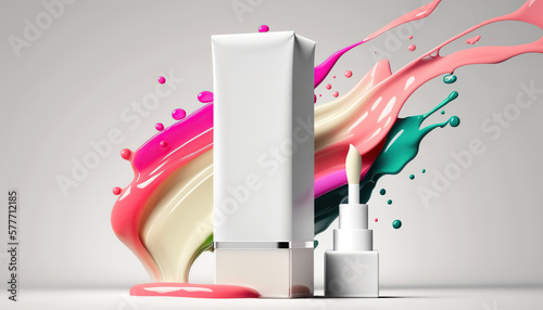 Bright colored minimal showcase scene with empty clean frame with copy space and beauty cosmetic products. AI generative image.