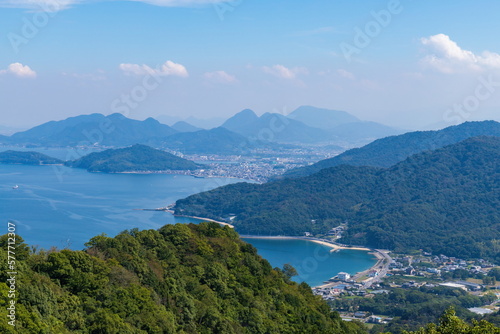 Landscape of takuma town and ohama coast in shonai peninsula, view from Mt. shiude , mitoyo city, kagawa, shikoku, japan	 photo