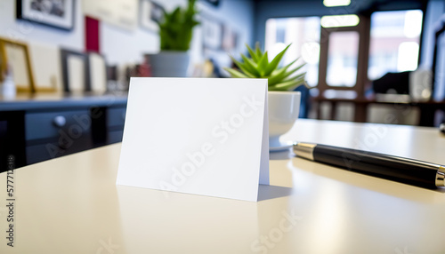 Close up office desk with empty clean white paper card mockup with copy space and green domestic plant. Indoor background. AI generative image.