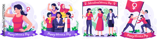 Illustration Set of International Women's Day concept with happy multinational diverse women celebrate womens day. Struggling for freedom and independence