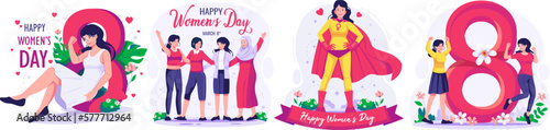 Illustration Set of International Women's Day concept with happy multinational diverse women celebrate womens day. Struggling for freedom and independence