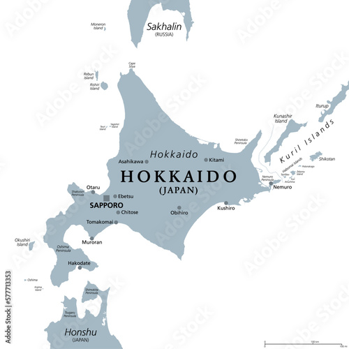Hokkaido, second largest island of Japan, gray political map, with capital Sapporo. The largest and northernmost prefecture, making up its own region, located north of Honshu, and south of Sakhalin.
