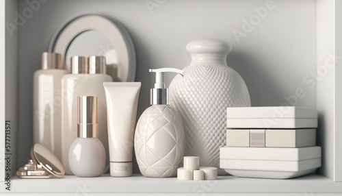 Bathroom shelf with different beauty cosmetic body care products, pastel colors package mockup. Indoor background. AI generative image.
