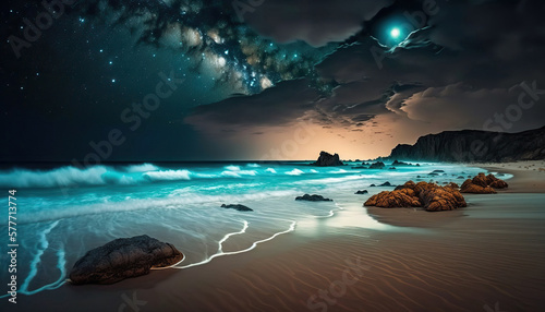 Night seascape, ocean sand coast, wild sea shore, summer beach landscape. Sky with clouds and stars. Horizontal outdoor background. AI generative image.