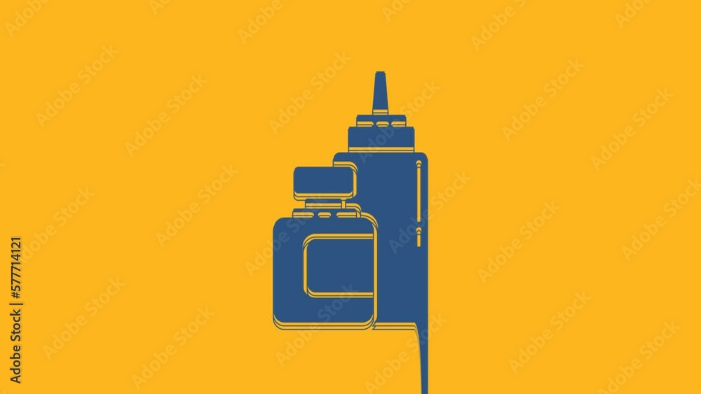Blue Sauce bottle icon isolated on orange background. Ketchup, mustard and mayonnaise bottles with sauce for fast food. 4K Video motion graphic animation Blue Sauce bottle icon isolated on orange background. Ketchup, mustard and mayonnaise bottles with sauce for fast food. 4K Video motion graphic animation