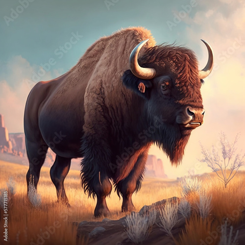 A majestic illustration of an American bison, or buffalo, standing on the plains.