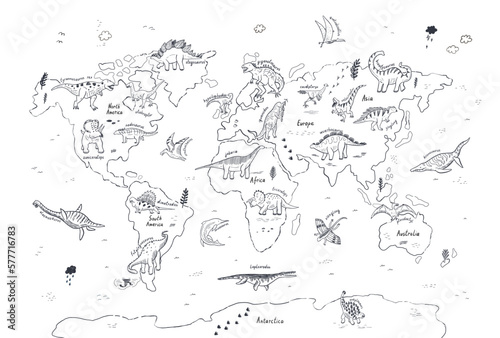 Dinosaur world map line vector illustration.