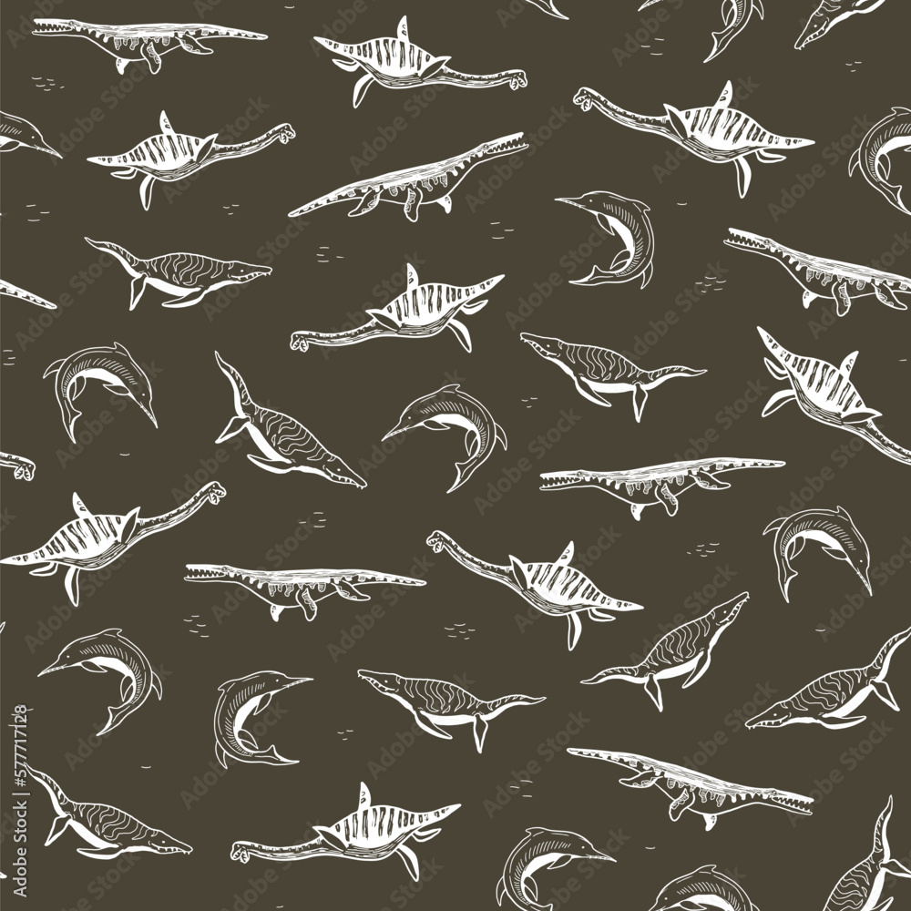 Fototapeta premium Water dinosaur line doodle vector seamless pattern.