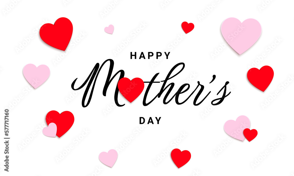 Happy mothers day greeting card with paper flying heart elements. Vector love symbol and calligraphic text happy mothers day on white background.