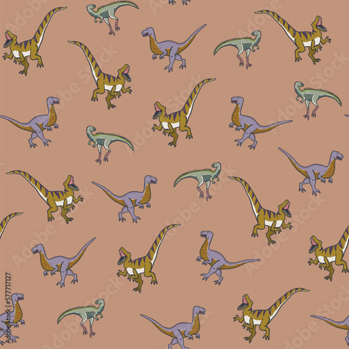 Dinosaur raptor doodle vector seamless pattern.