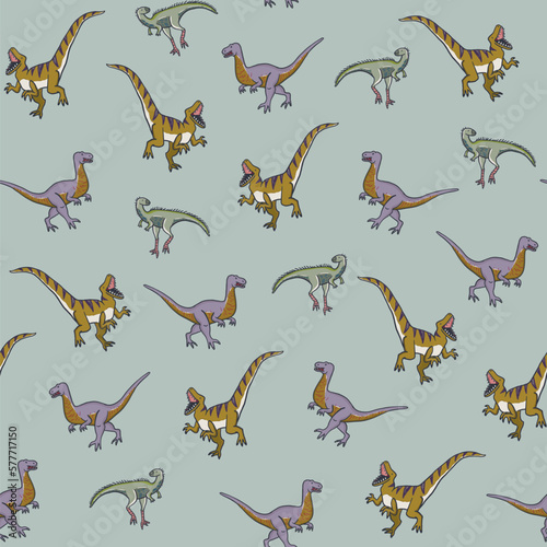 Dinosaur raptor doodle vector seamless pattern.