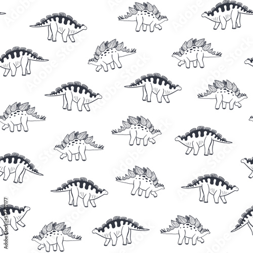 Dinosaur stegosaurus doodle line vector seamless pattern.