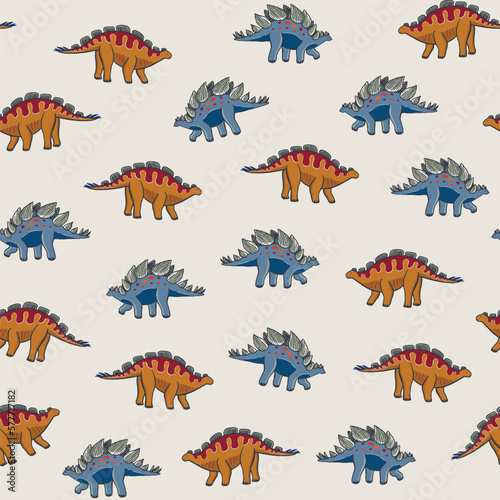 Dinosaur stegosaurus doodle vector seamless pattern.