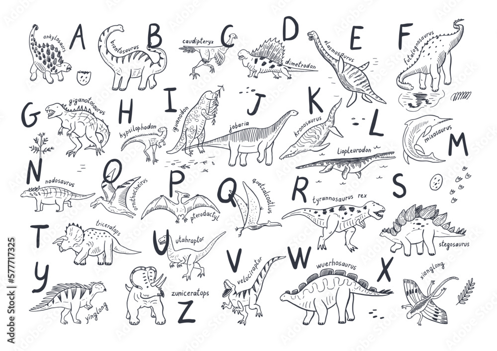 Fototapeta premium Dinosaur line alphabet poster vector illustrations set.