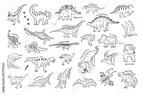 Dinosaur doodle line vector illustrations set. © GooseFrol