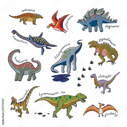 Dinosaur doodle vector illustrations set.