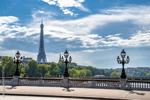 Fototapeta Naklejka Na Ścianę i Meble -  Bridge Pont Alexandre III  Over River Seine With View To Eiffel Tower In Paris, France