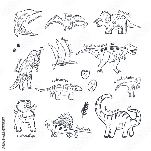 Dinosaur doodle line vector illustrations set.