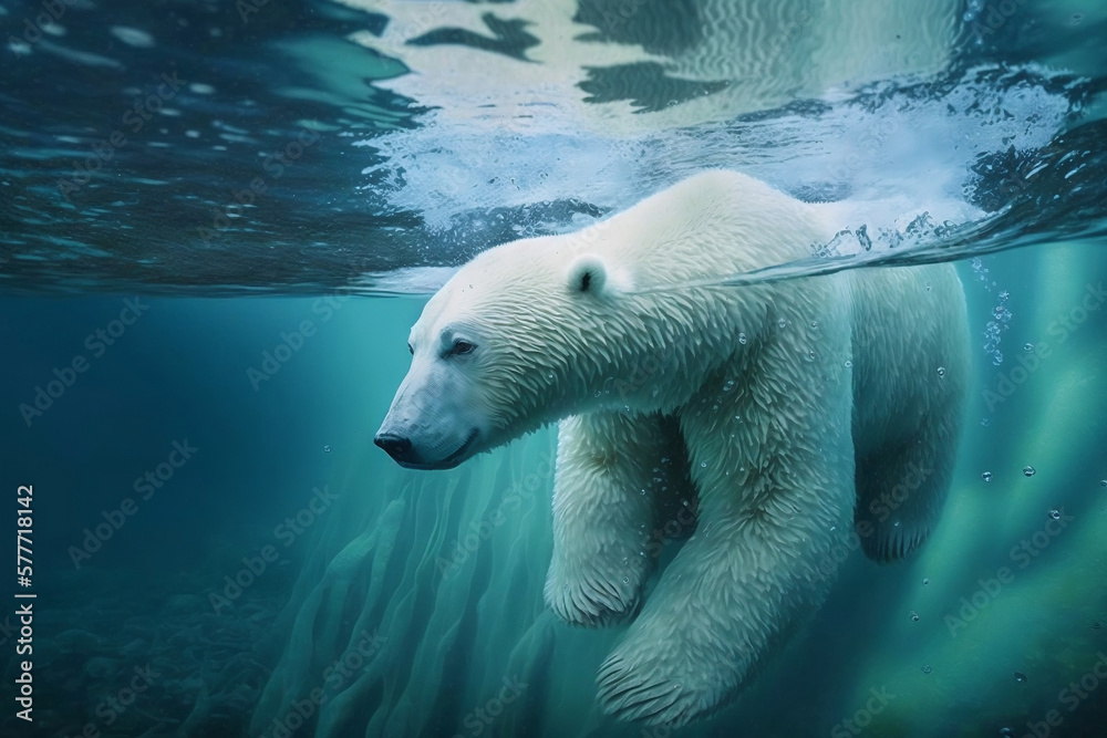 Polar Bear In Water, Polar Bear Swimming In Water, Generative Ai