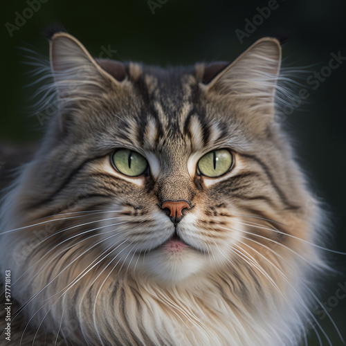 Ravishing hyper realistic portrait of happy norwegian forest cat in natural outdoor lush with flower in background as concept of modern domestic pet by Generative AI. photo