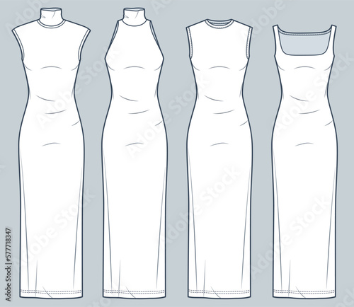 Set of maxi Dress technical fashion illustration. Jersey sleeveless Dress fashion flat technical drawing template, slim fit, roll and square neckline, front and back view, white, women CAD mockup set.