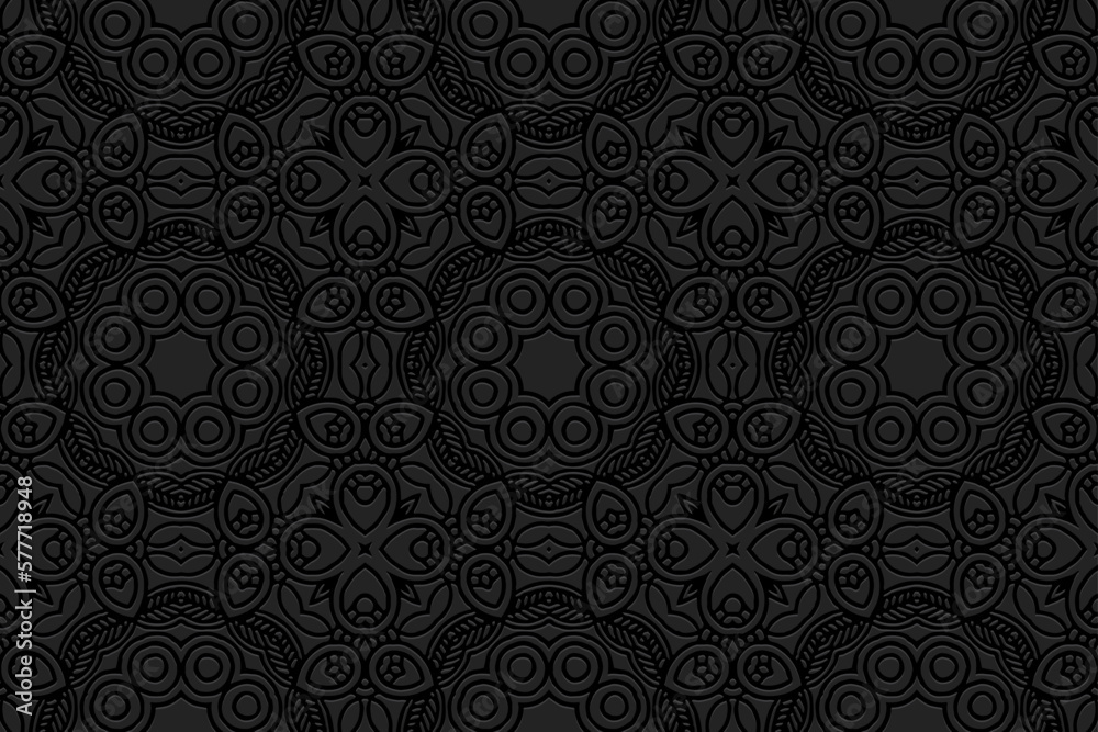 Embossed black background, cover design. Geometric unique 3D pattern, press paper, leather, ethnic boho, hot topics in the style of handmade peoples East, Asia, India, Mexico, Aztecs, Peru.