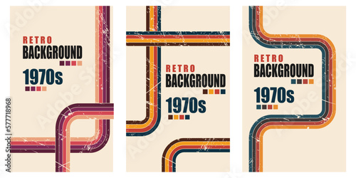 Set of retro vertical posters.Abstract backgrounds in trendy 1970s style. Groovy striped design template backgrounds.Vector illustration