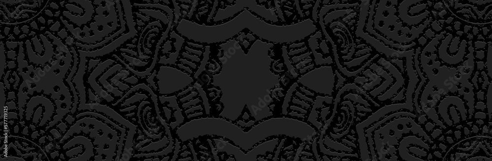 Banner, cover design. Embossed geometric vintage creative 3d pattern on black background, fresco. Ethnic boho, current handmade themes of the peoples of the East, Asia, India, Mexico, Aztecs, Peru.