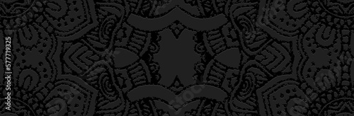 Fototapeta Naklejka Na Ścianę i Meble -  Banner, cover design. Embossed geometric vintage creative 3d pattern on black background, fresco. Ethnic boho, current handmade themes of the peoples of the East, Asia, India, Mexico, Aztecs, Peru.