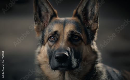 German Sheppard Dog, Close up portrait. Popular as family and guard dog. Shallow field of view. Illustrative Generative AI.  photo