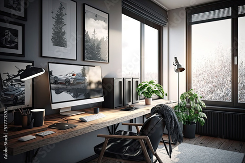 Modern working room with computer interior design. Comfortable and warmth place. Generative AI © AI Farm