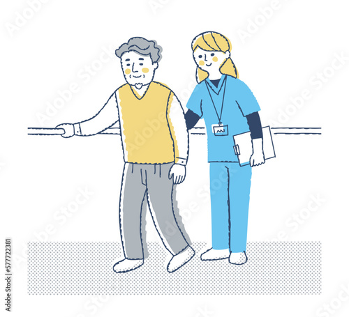歩行訓練をするシニア男性と介助する女性