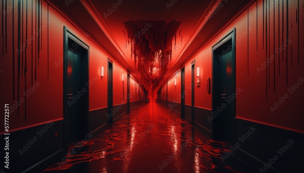 Hotel corridor from the worst nightmare in the night. Generative AI