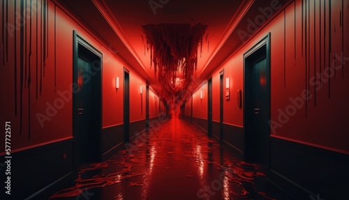 Hotel corridor from the worst nightmare in the night. Generative AI