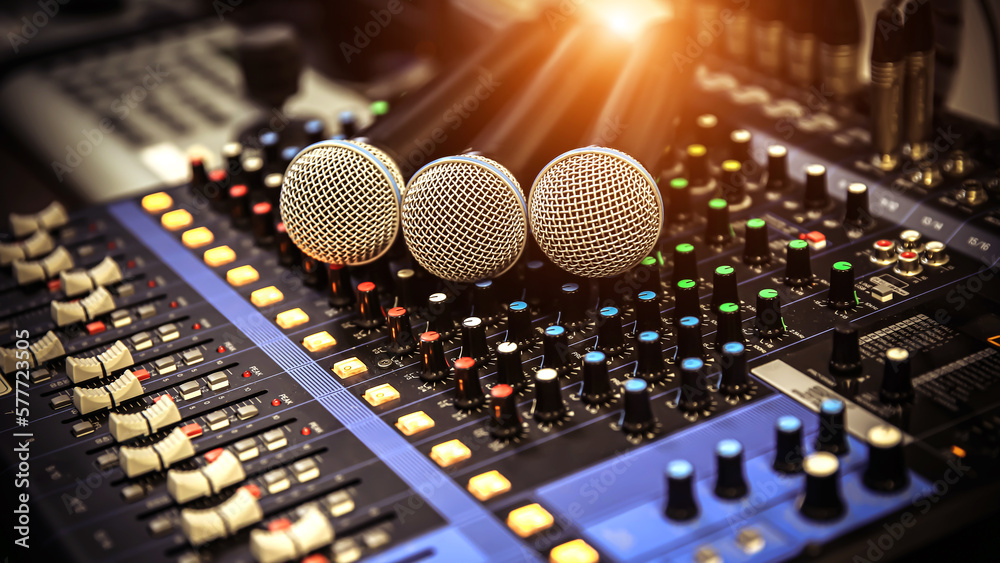 Close-up microphone and sound mixer in studio for sound record control system and audio equipment and music instrument - obrazy, fototapety, plakaty 