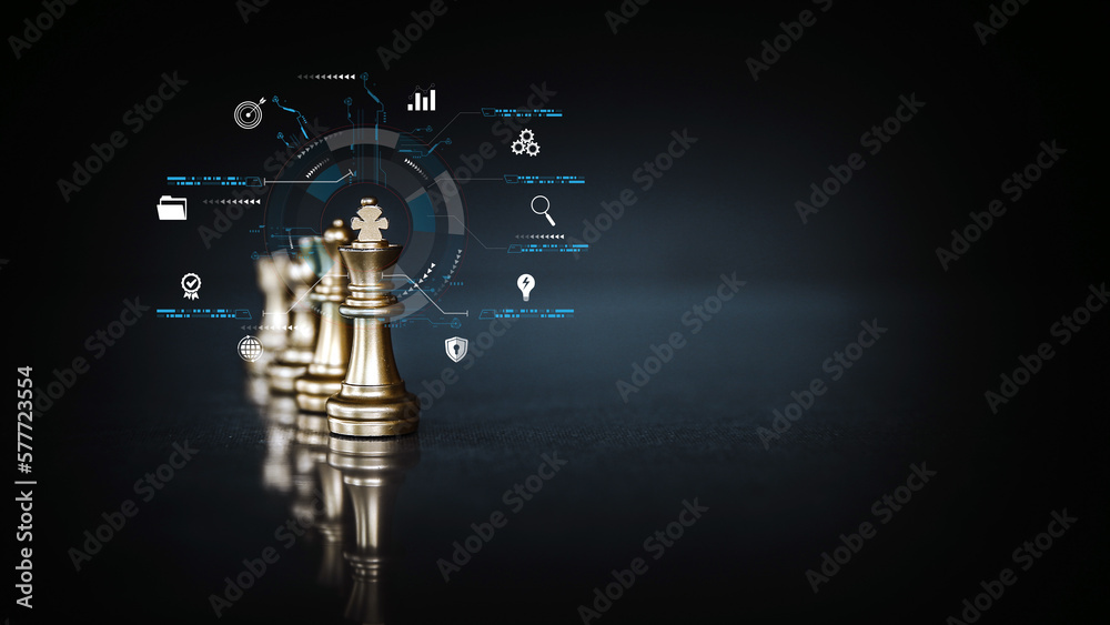 King chess pieces stand leader with team concepts of challenge or business teamwork volunteer or wining and leadership strategic plan and risk management or team player. - obrazy, fototapety, plakaty 