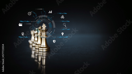 King chess pieces stand leader with team concepts of challenge or business teamwork volunteer or wining and leadership strategic plan and risk management or team player. photo