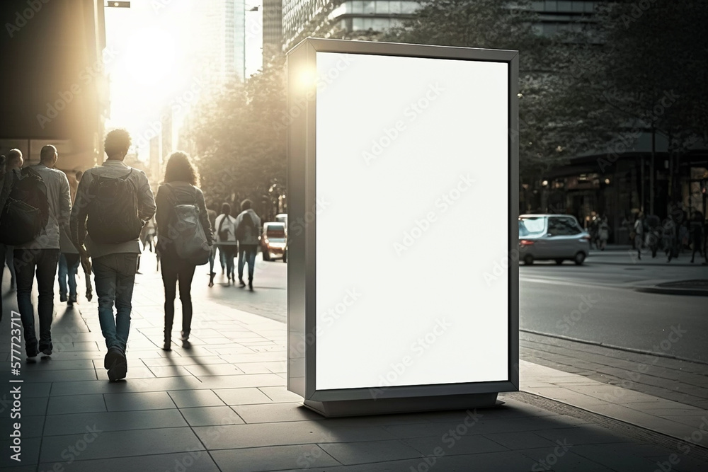 Vertical blank white billboard at bus stop on city street. Mock up billboard for advertising, promotion and marketing of products and events.
In the background buildings and road.  - obrazy, fototapety, plakaty 