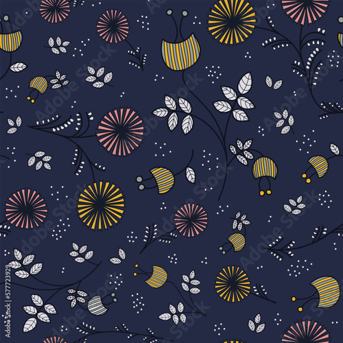 Fototapeta Naklejka Na Ścianę i Meble -  Seamless vector doodle style flower pattern on navy blue background. Botanical floral decoration with hand drawn petals, dots, and leaves. Vintage style fun and colorful design.