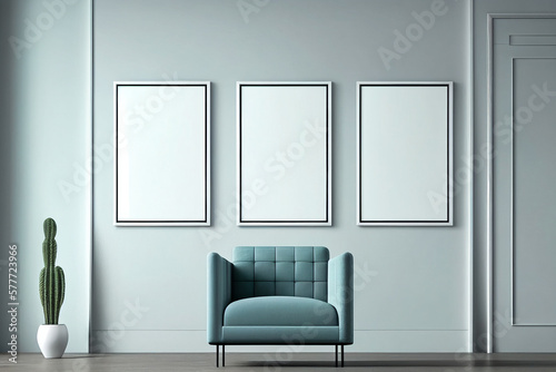 Blank triple picture frame mockup template, Lliving room design, clean, minimalist, sofa. For wall decor, canvas or poster advertising or marketing.