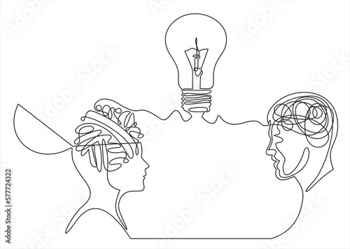  Confused thoughts in their head and questions in their brain. Brainstorm process. New idea, solution concept. Couple communication, relationship.Continuous simple line draw style design graphic.