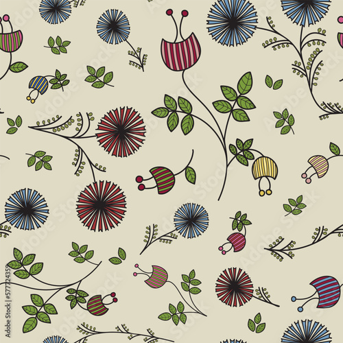 Vintage style hand drawn seamless pattern with folkish red and blue flowers on beige background. Weird colorful meadow petals create a joyful summer vibe and are perfect for textile and wallpaper.