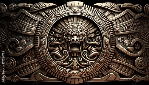 Ancient Mayan Aztec Background / Banner / Wallpaper - Skull and Metal Ornaments - Generative Ai Illustration 