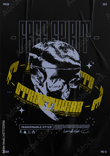 Retro futuristic poster with human skull and 3D rotating graphic text. Abstract print with noise, for streetwear, print for t-shirts and sweatshirts on a black background