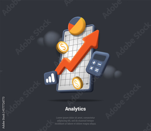 Data Analytics, 3D Increase Chart With Calculator And Gold Coins. SEO Optimization For Marketing Social Media. Financial Report Chart, Data Analysis, Web Development. 3d Vector Render Illustration