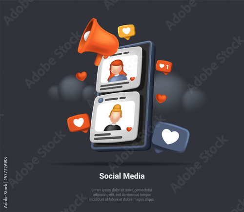 Social Media Marketing And Online Promotion Concept. SMM Managers Develop Successful Strategy, Marketing Funnel, Lead Generation, Women Avatars On Smartphone Screen. 3D Rendering Vector Illustration