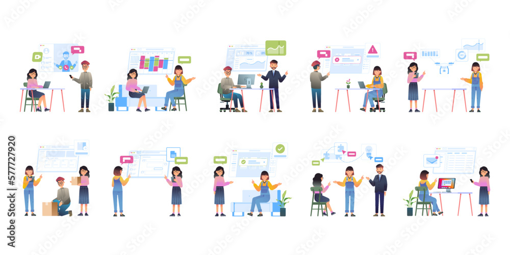 Multiple set of productive people working in office. vector flat style illustration.