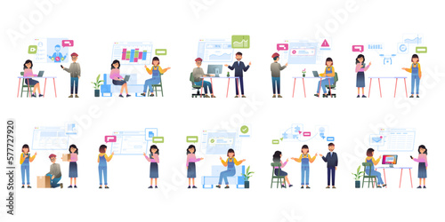 Multiple set of productive people working in office. vector flat style illustration.